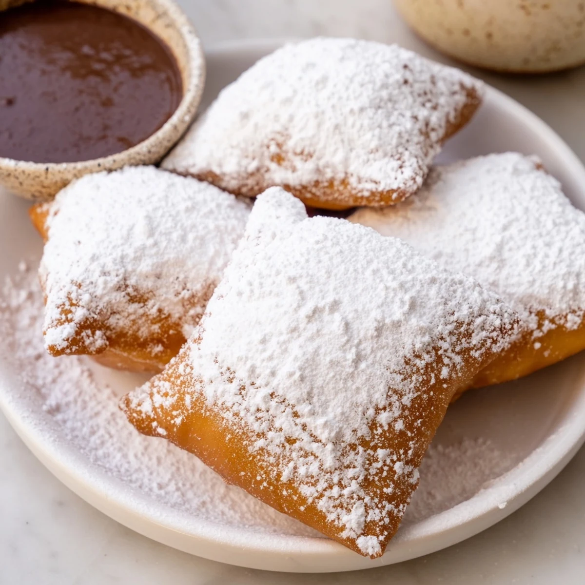 Freshly dusted Mardi Gras beignets on a rustic plate, drizzled with rich chocolate sauce for a sweet bite.
