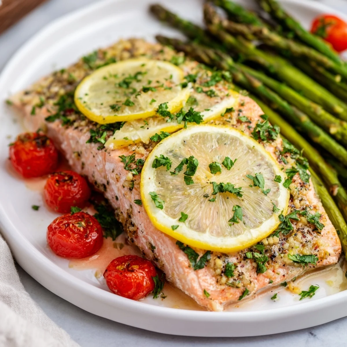 Golden-brown Sheet Pan Salmon with Asparagus and Tomatoes roasted with lemon and herbs on a parchment-lined tray.