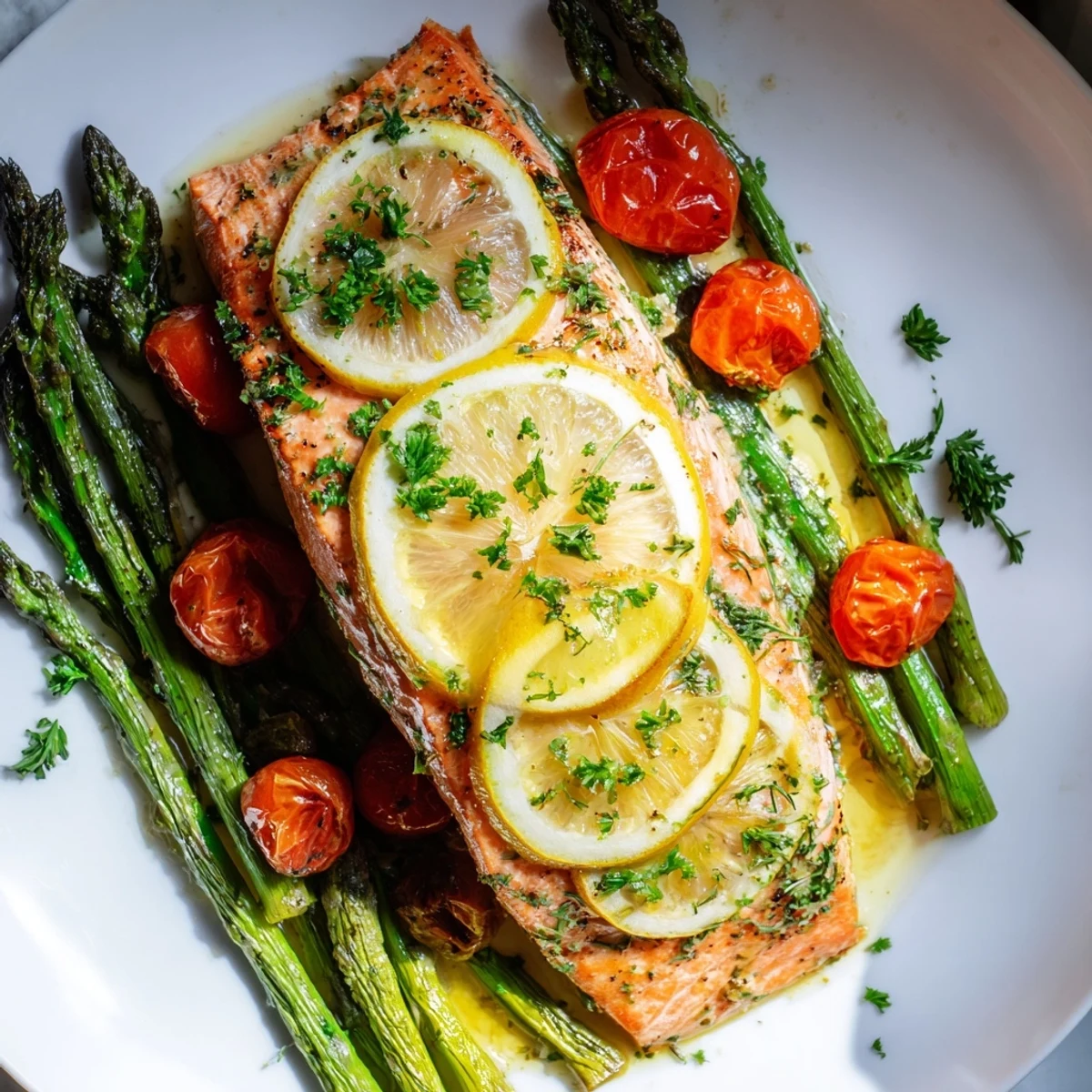 Fork-tender Sheet Pan Salmon with Asparagus and Tomatoes, garnished with fresh parsley and lemon wedges for serving.