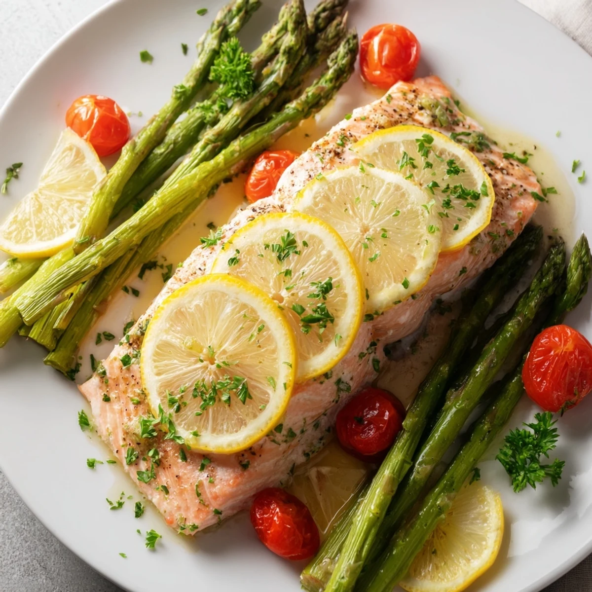 Vibrant Sheet Pan Salmon with Asparagus and Tomatoes on a baking sheet, served over quinoa for a gluten-free dinner.