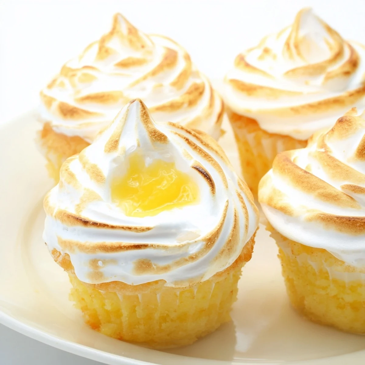 Freshly baked Lemon Meringue Cupcakes display golden, toasted meringue peaks next to vibrant lemon slices on a rustic wooden board.  