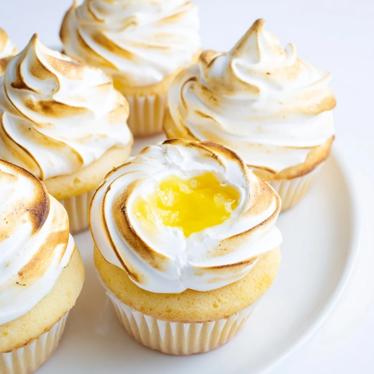 A close-up of Lemon Meringue Cupcakes reveals fluffy, cloud-like meringue and bright yellow lemon curd filling.  