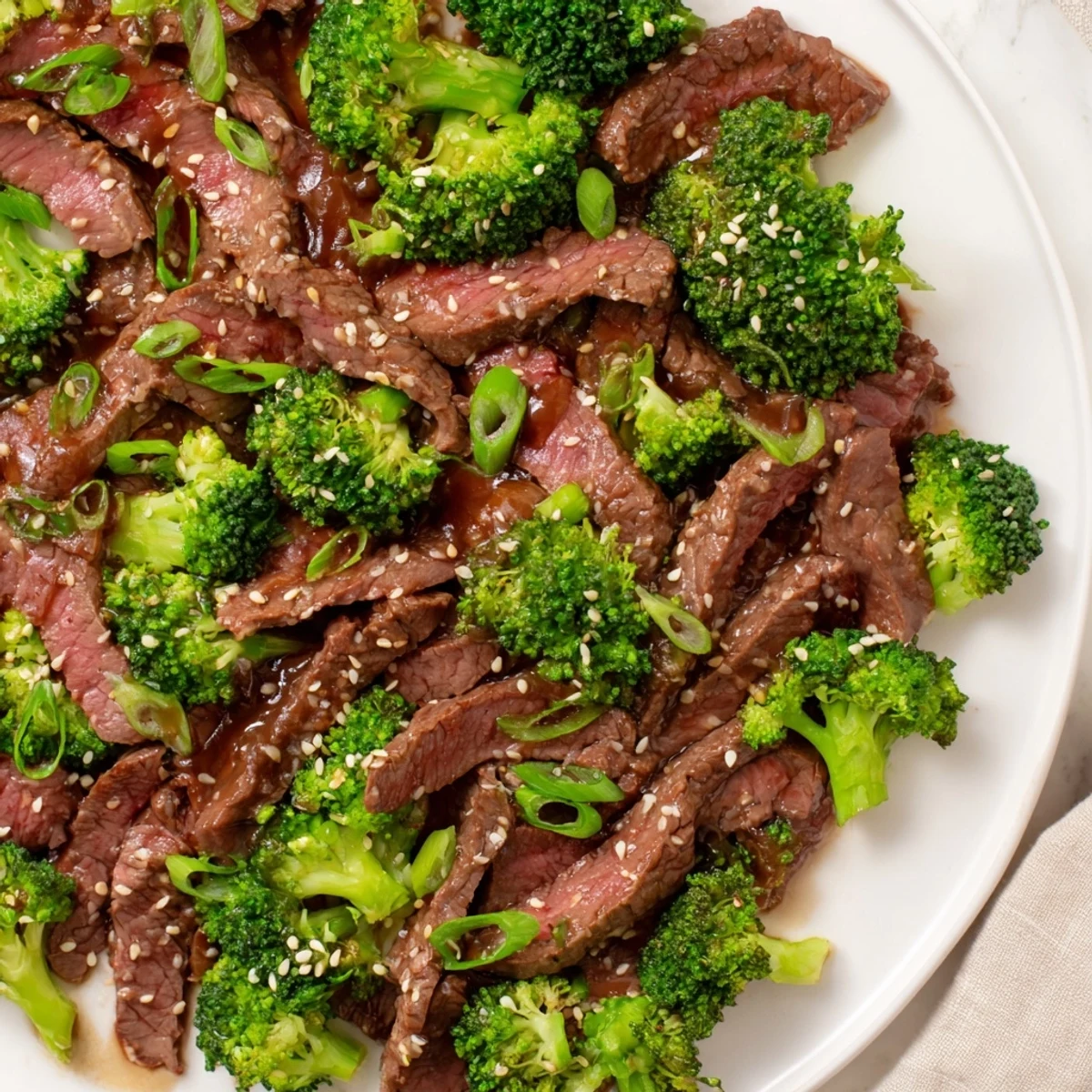 Stir-fried beef strips and bright green broccoli florets coated in a glossy, savory ginger sauce in a hot wok.
