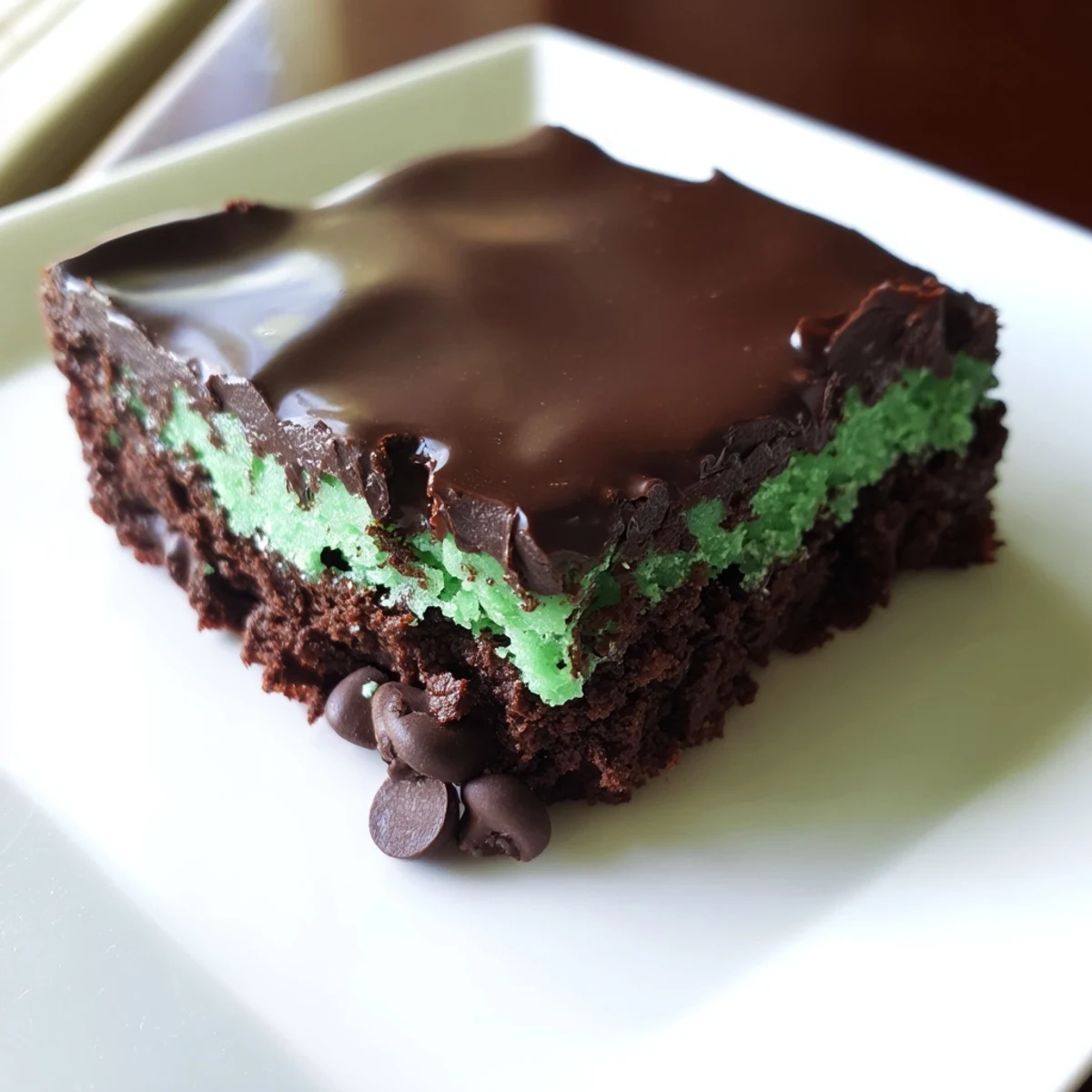 A close-up slice of Mint Chocolate Chip Brownies topped with melted chocolate and mint swirls.
