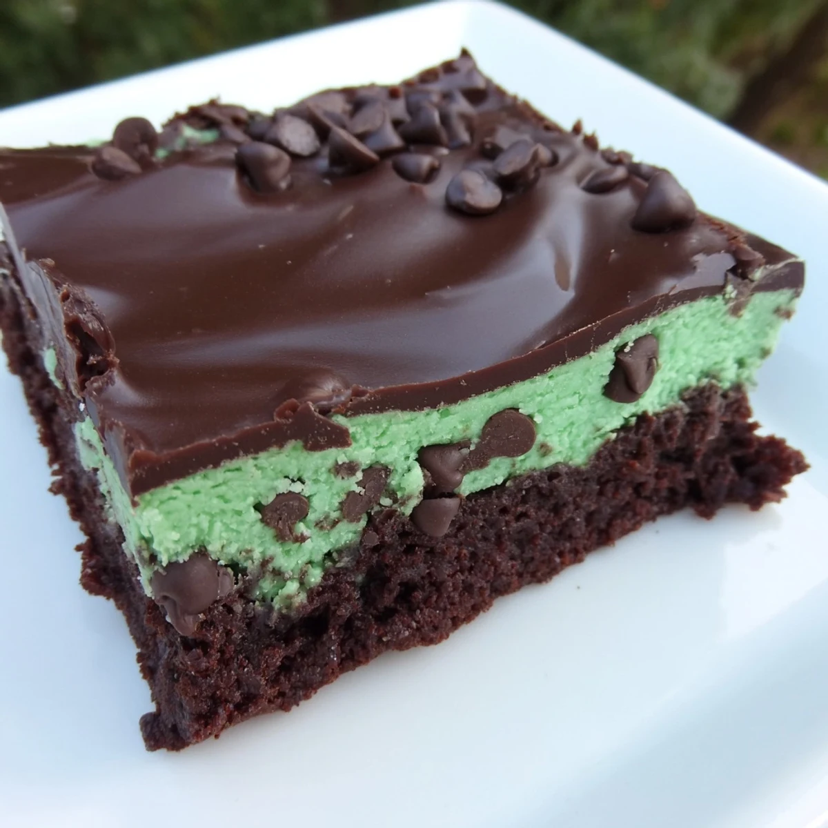 Freshly baked Mint Chocolate Chip Brownies with a fudgy texture and bright green mint layer.
