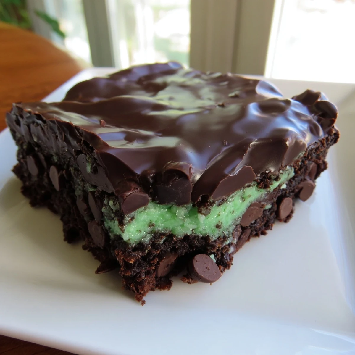 Mint Chocolate Chip Brownies arranged on a dessert plate with a scoop of vanilla ice cream.
