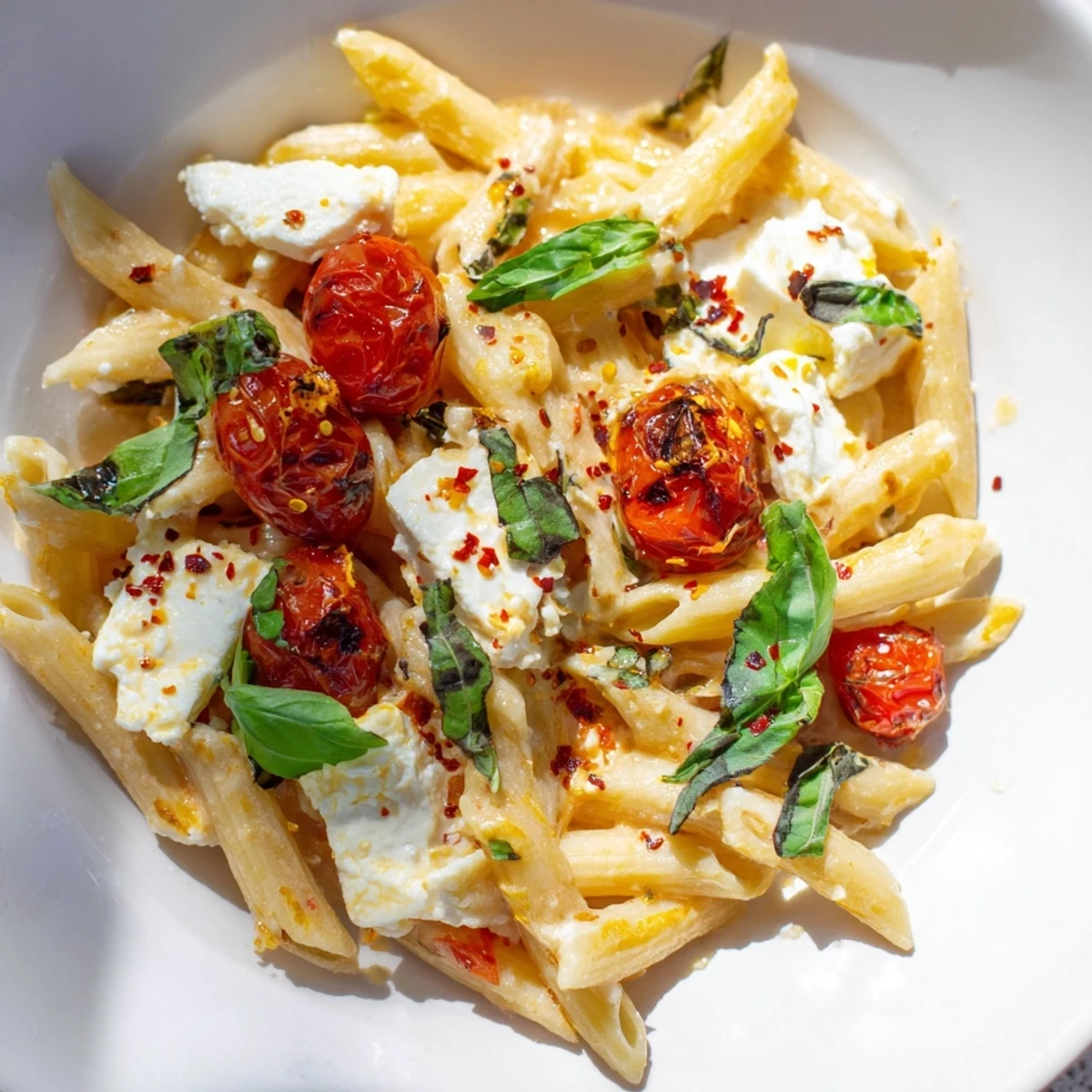 This savory Baked Feta Pasta with Cherry Tomatoes and Basil features al dente penne tossed with fragrant basil and olive oil.