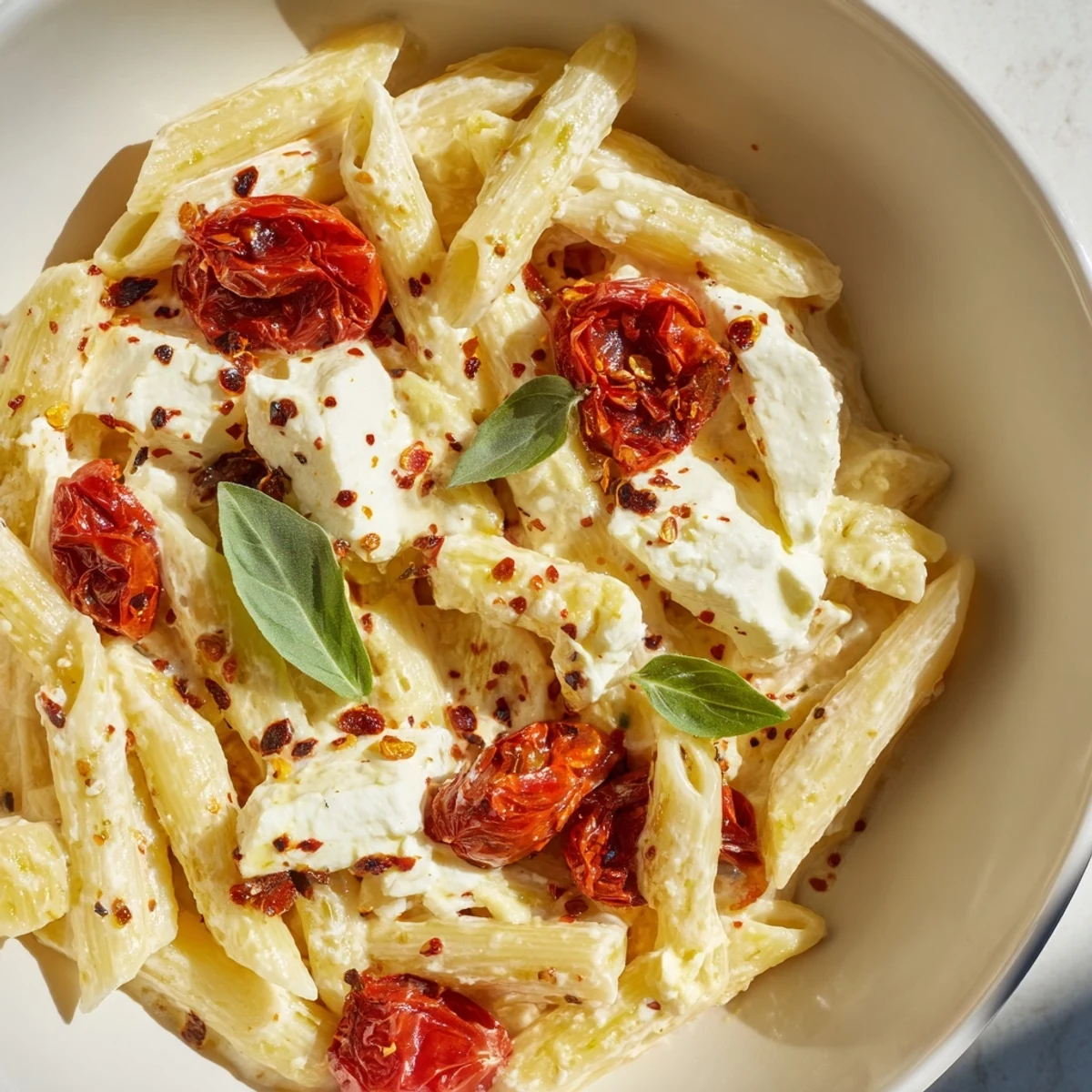 A close-up view of bubbling Baked Feta Pasta with Cherry Tomatoes and Basil served hot with a side of garlic bread.