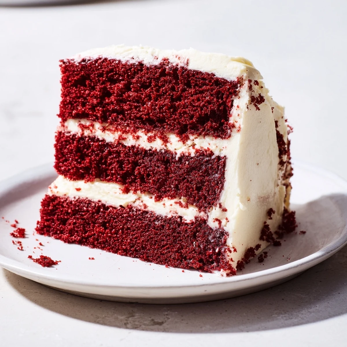 Moist layers of Red Velvet Layer Cake with Cream Cheese Frosting stacked high on a glass cake stand.