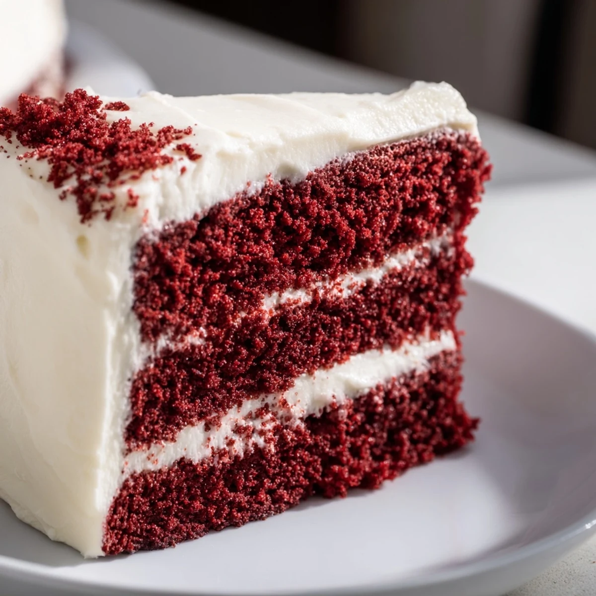 A slice of Red Velvet Layer Cake with Cream Cheese Frosting reveals creamy frosting between tender red crumbs.