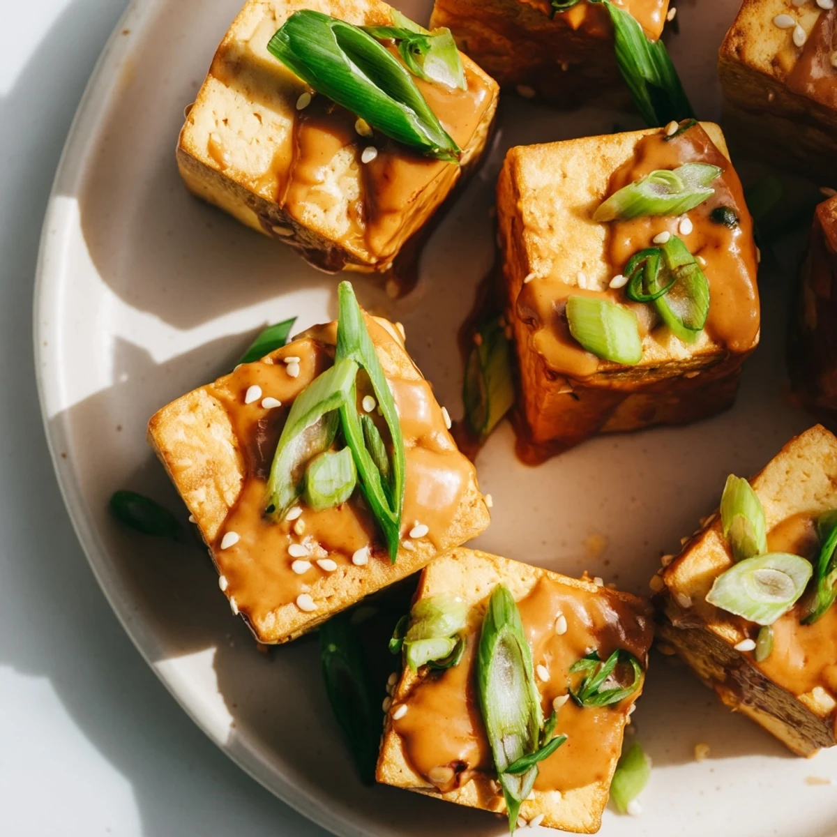Crispy baked tofu with spicy peanut sauce piled on white rice, garnished with green onions and sesame seeds.