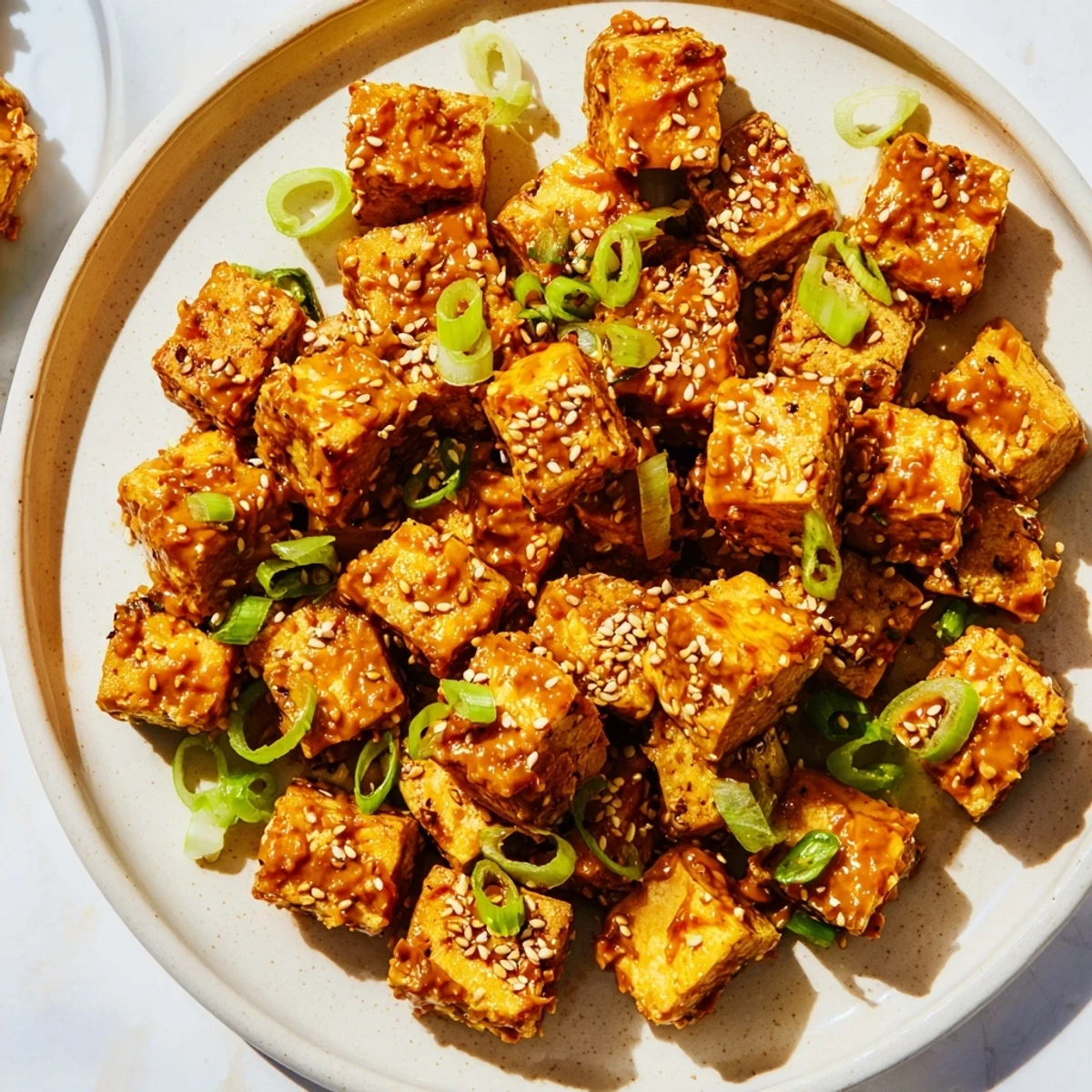 Serving suggestion for crispy baked tofu with spicy peanut sauce over sautéed vegetables in a ceramic bowl.