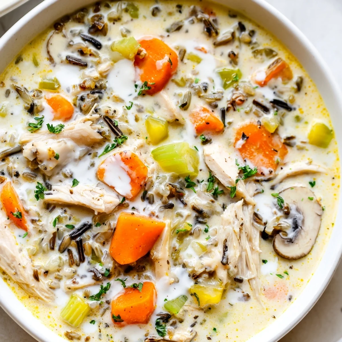 A steaming bowl of Instant Pot Chicken and Wild Rice Soup with tender chicken, carrots, and creamy broth.