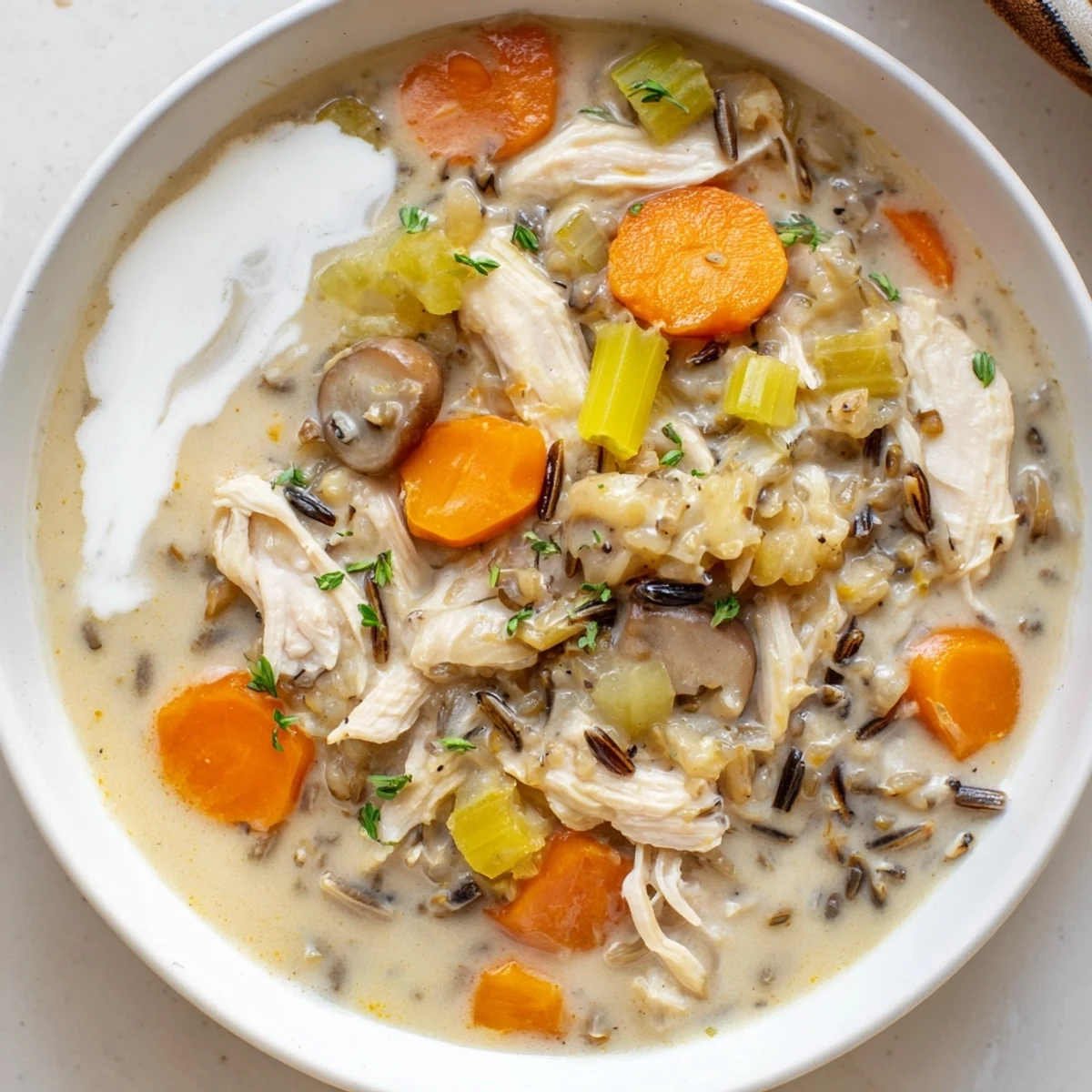 A spoon lifting creamy Instant Pot Chicken and Wild Rice Soup showing nutty wild rice and vegetables.
