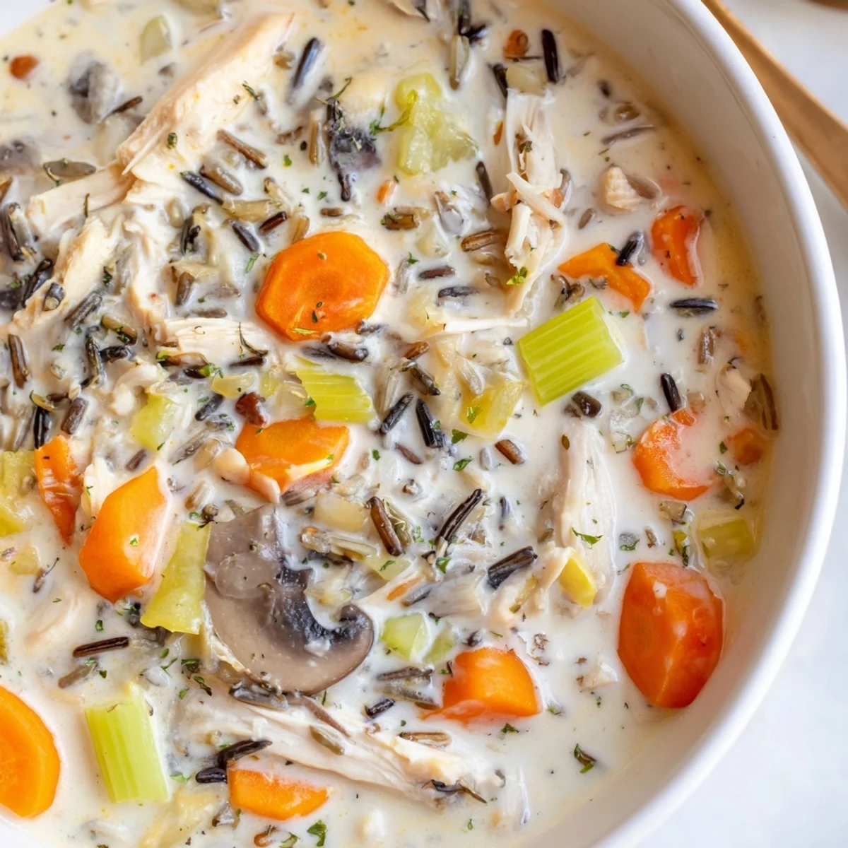 Close-up of Instant Pot Chicken and Wild Rice Soup garnished with fresh parsley and served with crusty bread.