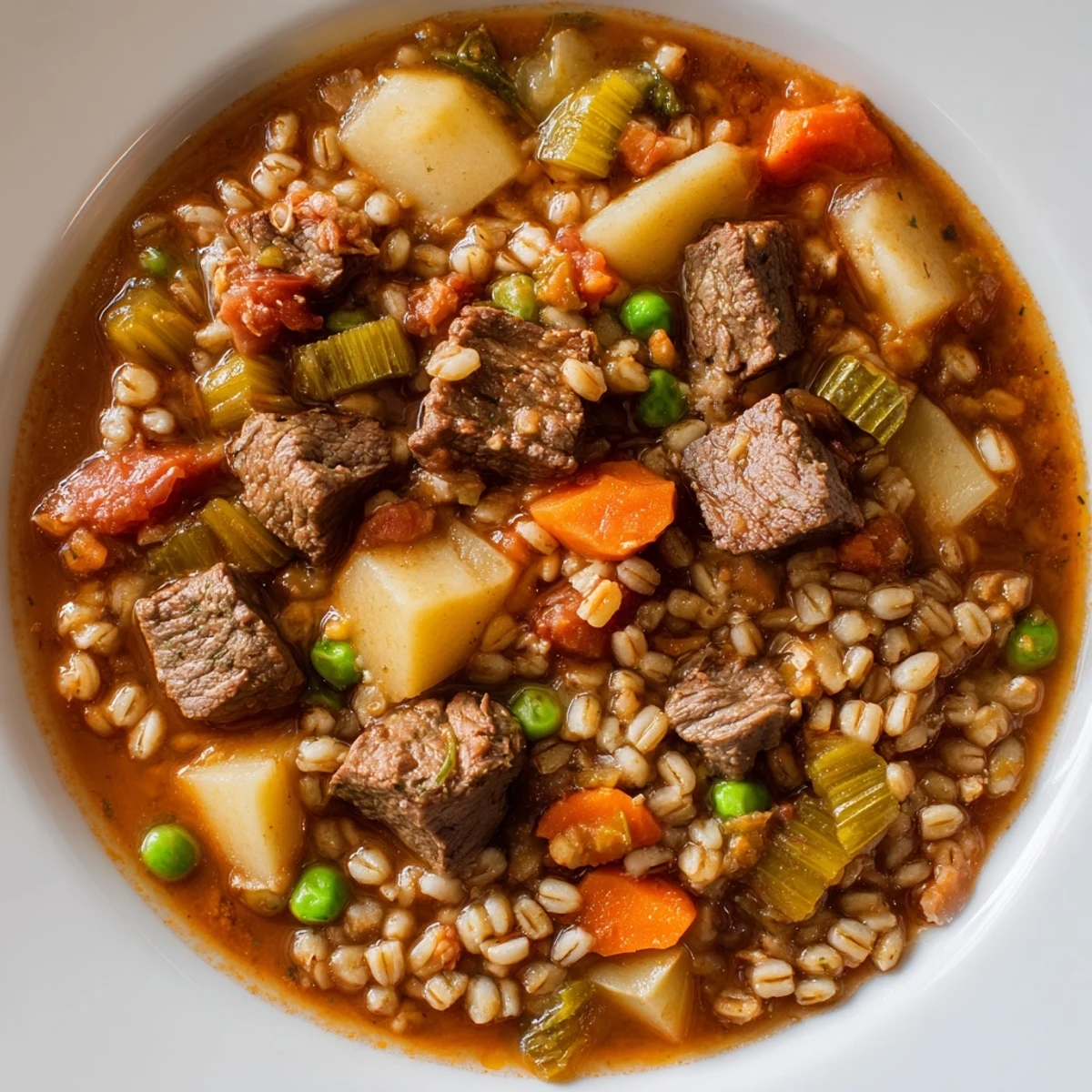 Steaming bowl of Hearty Beef and Barley Vegetable Stew with tender meat and carrots.