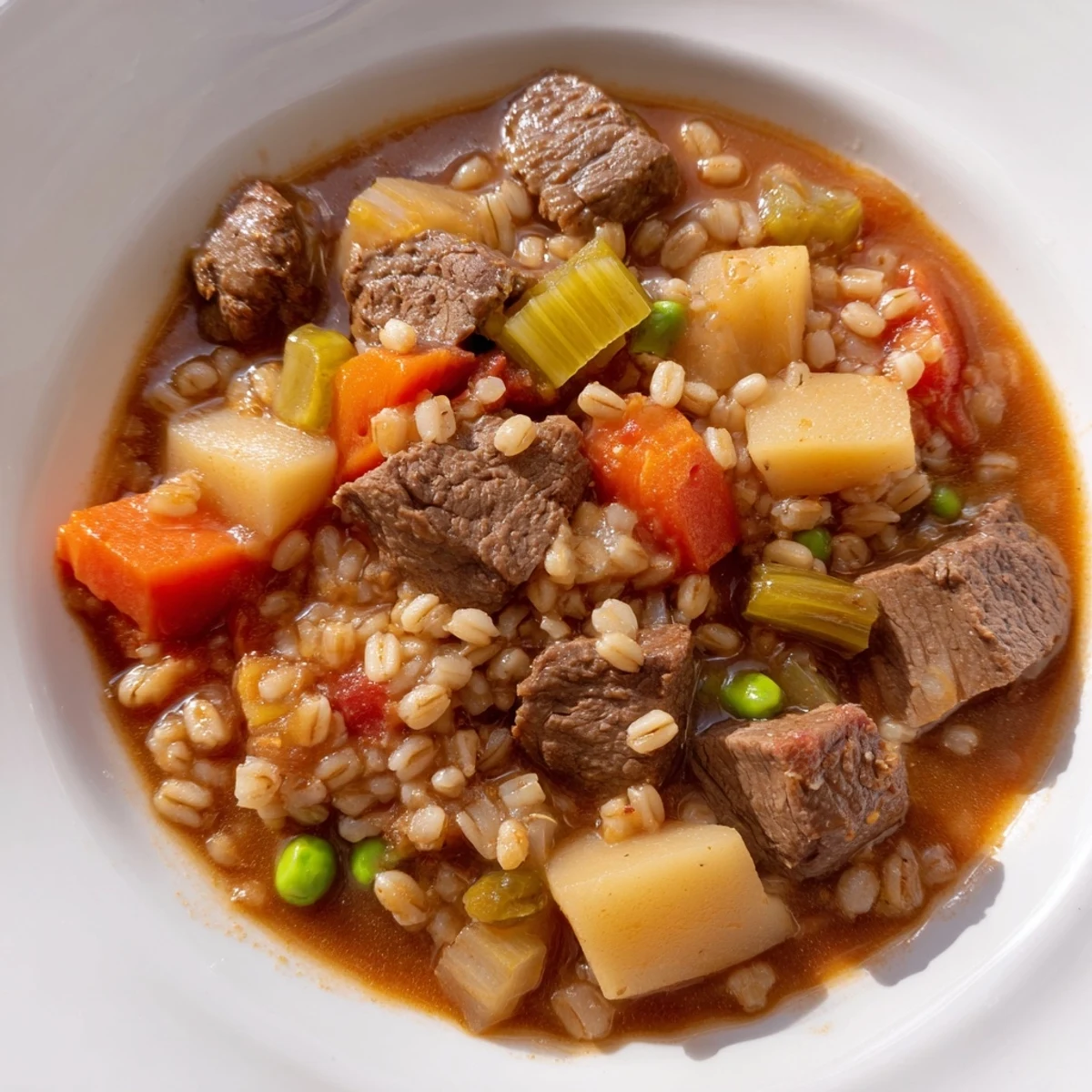 Hearty Beef and Barley Vegetable Stew ladled into a bowl with fresh parsley garnish.