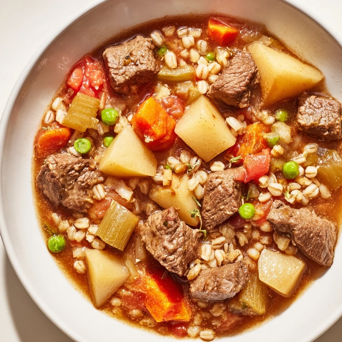 A close-up of Hearty Beef and Barley Vegetable Stew served in a rustic bowl with herbs.