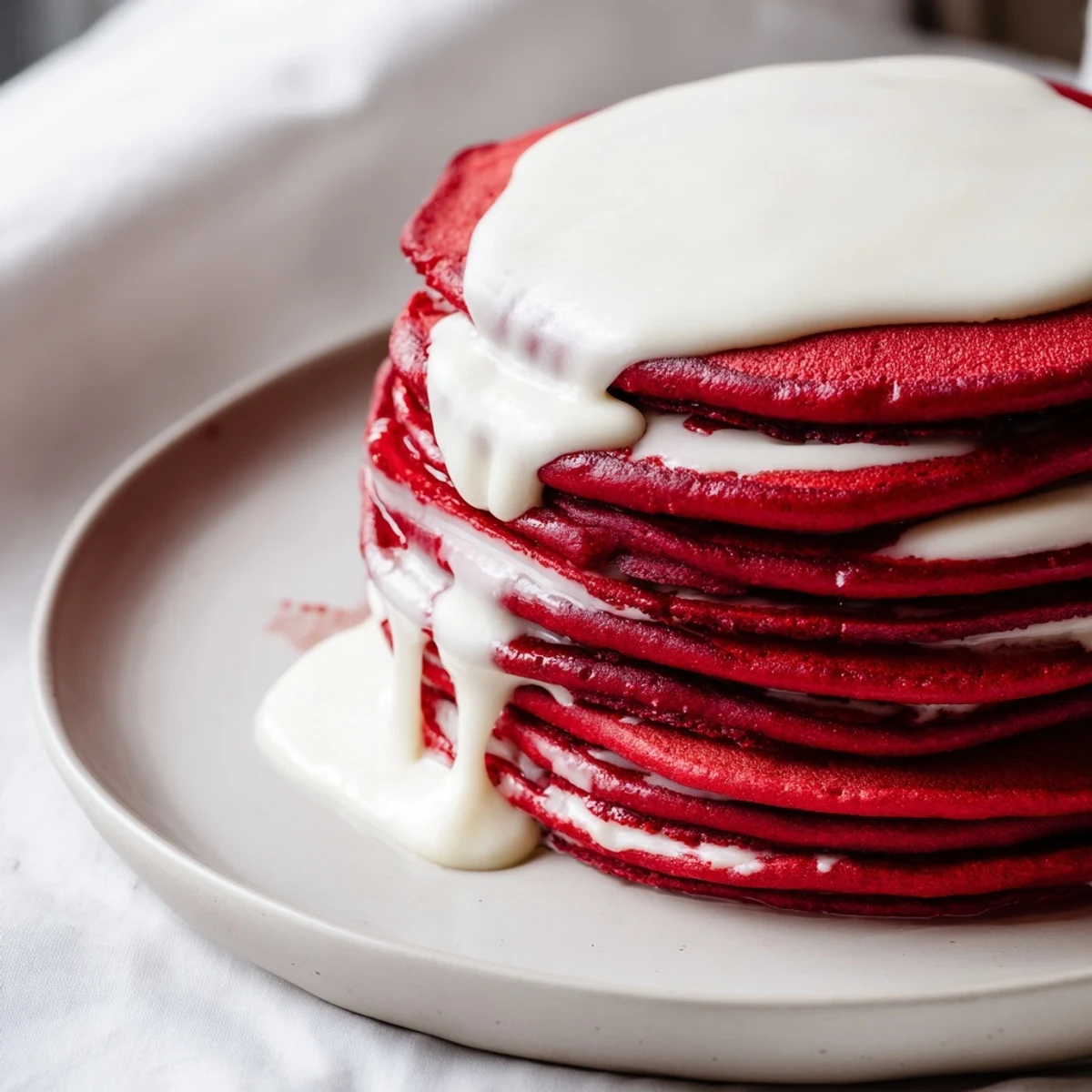 Stack of fluffy Red Velvet Pancakes with Cream Cheese Glaze, topped with fresh berries on a white plate.  