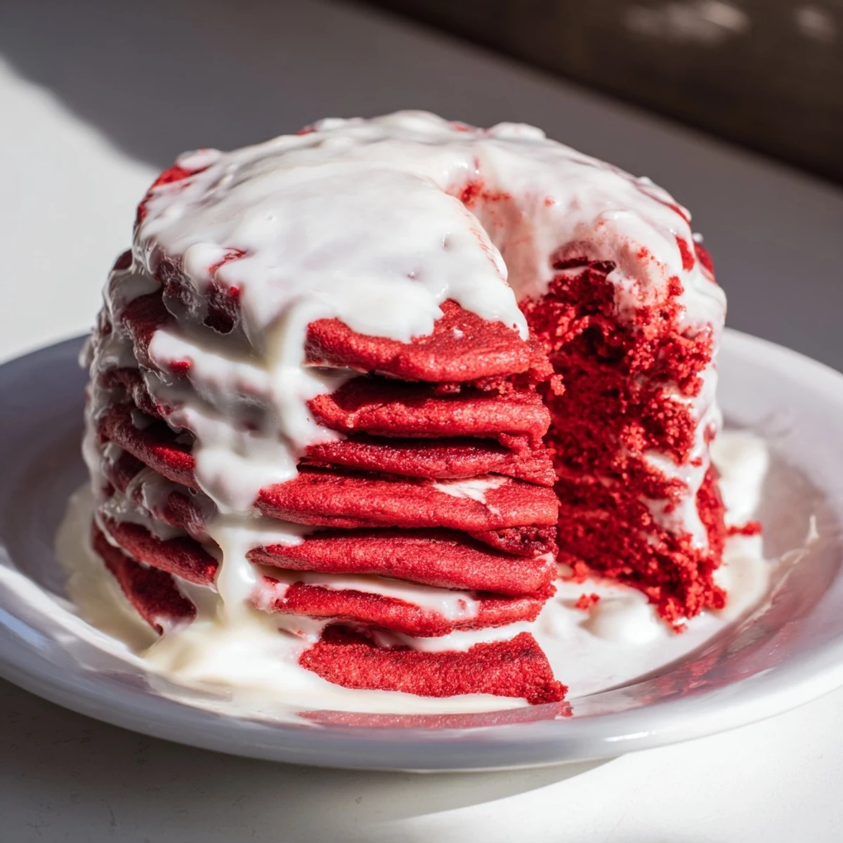 Vibrant Red Velvet Pancakes with Cream Cheese Glaze stacked high, drizzled sweetly over a rustic wooden table.  