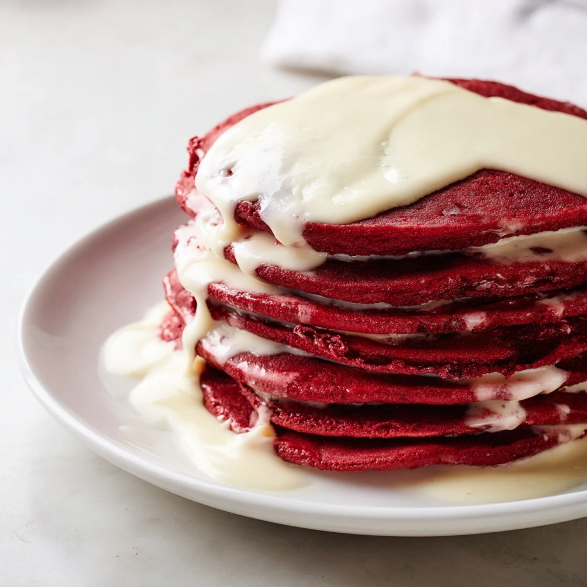 Golden-edged Red Velvet Pancakes with Cream Cheese Glaze served warm, accompanied by a cup of coffee nearby.