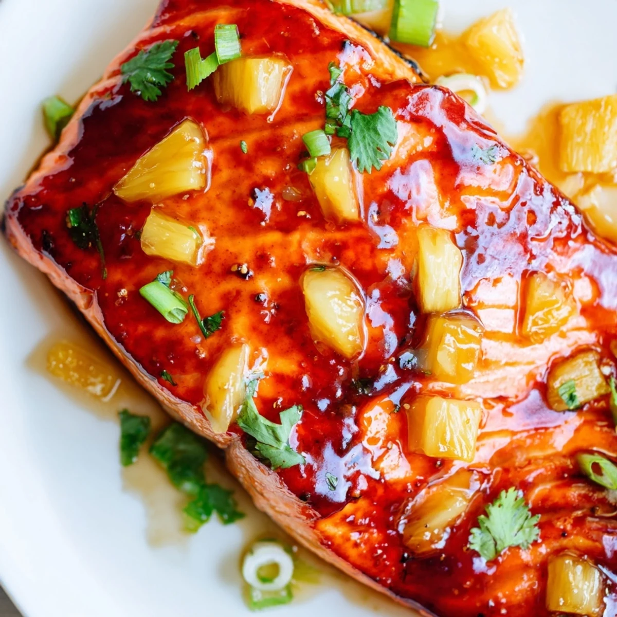 Golden-brown baked Pineapple Glazed Salmon Fillets glistening with sticky sweet glaze on a white plate.