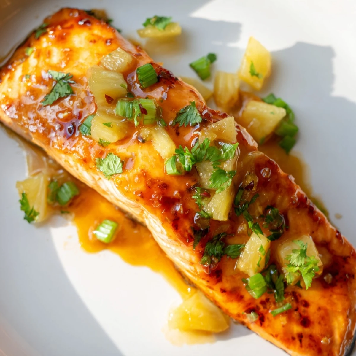 Tender Pineapple Glazed Salmon Fillets flaking easily, garnished with fresh cilantro and diced pineapple chunks.