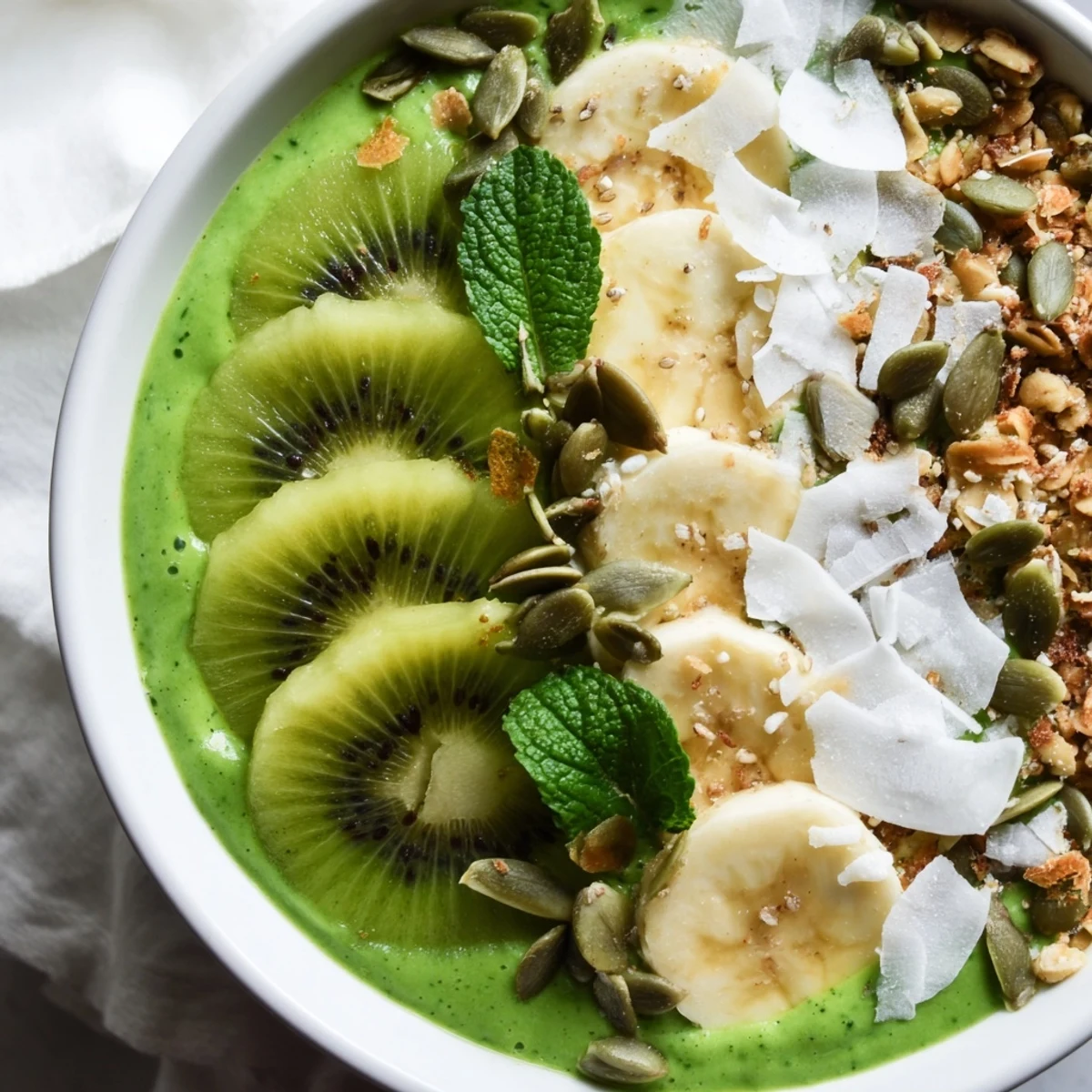 A close-up of a vibrant Shamrock Green Smoothie Bowl topped with kiwi, granola, and mint.