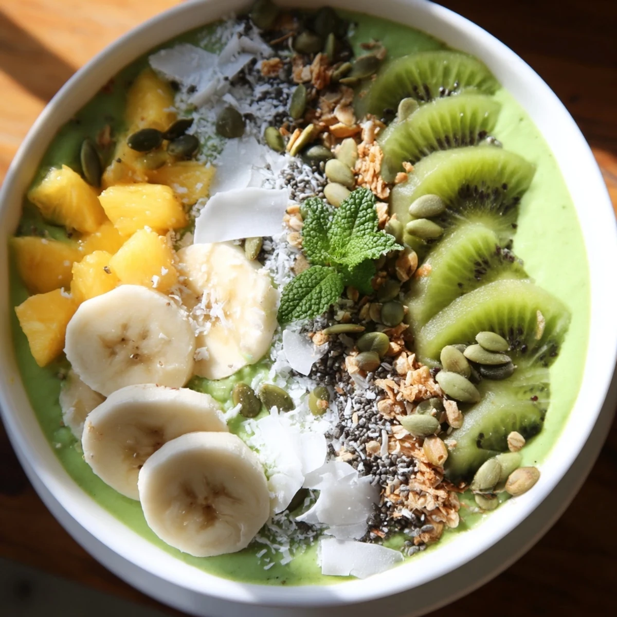 The Shamrock Green Smoothie Bowl shows creamy texture from spinach and banana, with crunchy toppings for breakfast.