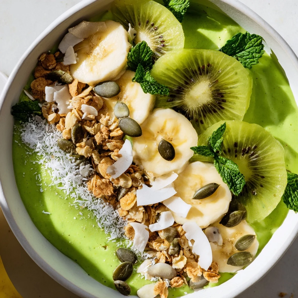 Served in a white bowl, this Shamrock Green Smoothie Bowl offers fresh tropical fruit and seeds for snacking.