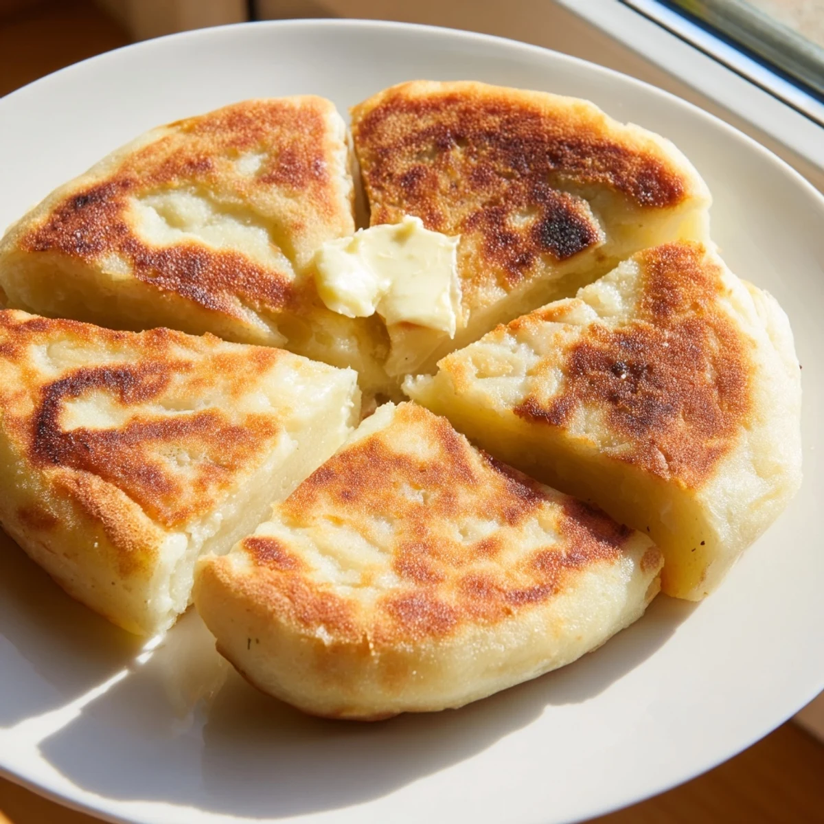 Golden-brown Irish Potato Bread Farls sizzling in a buttered skillet, ready for a hearty breakfast plate.