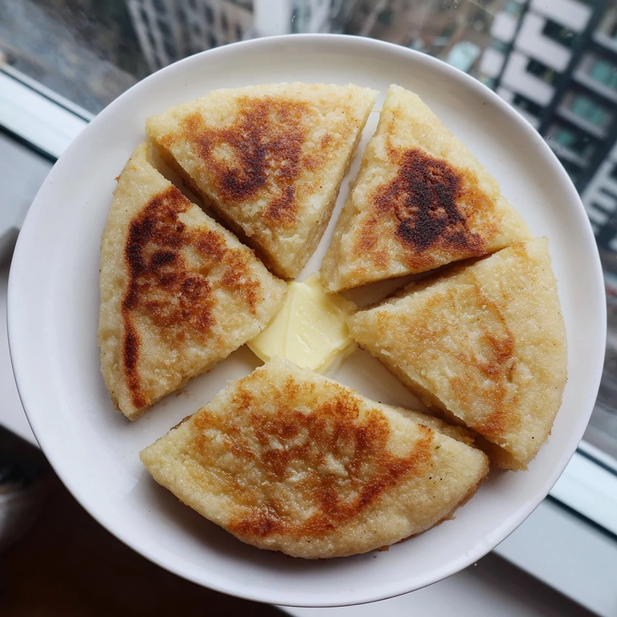 A stack of freshly cooked Irish Potato Bread Farls with a pat of melting butter on top.