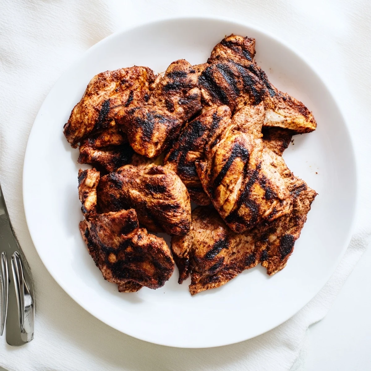 Juicy Cajun Spiced Grilled Chicken Thighs sizzling on the grill with visible char marks and fresh lemon wedges.