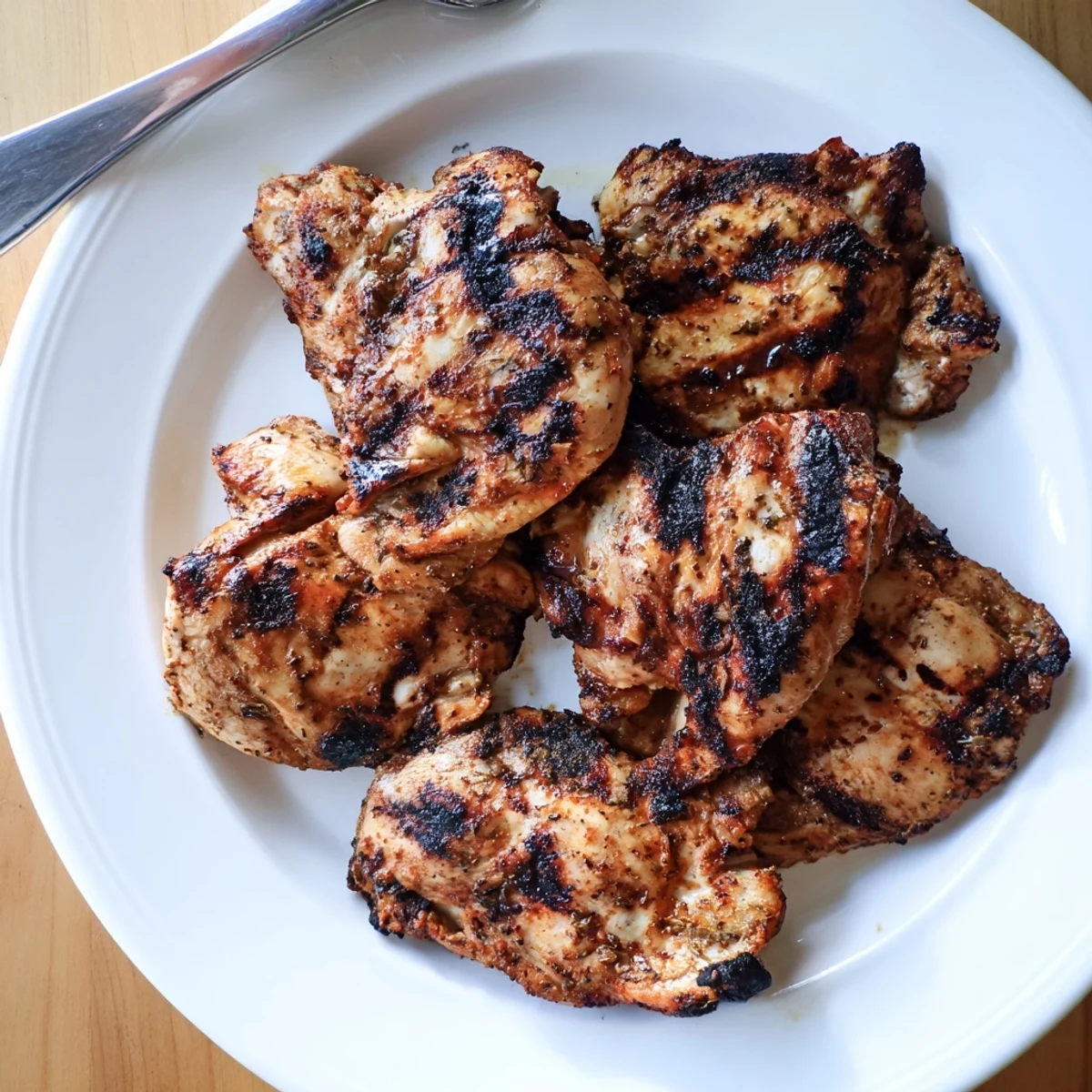 Perfectly cooked Cajun Spiced Grilled Chicken Thighs served over white rice with colorful grilled bell peppers.