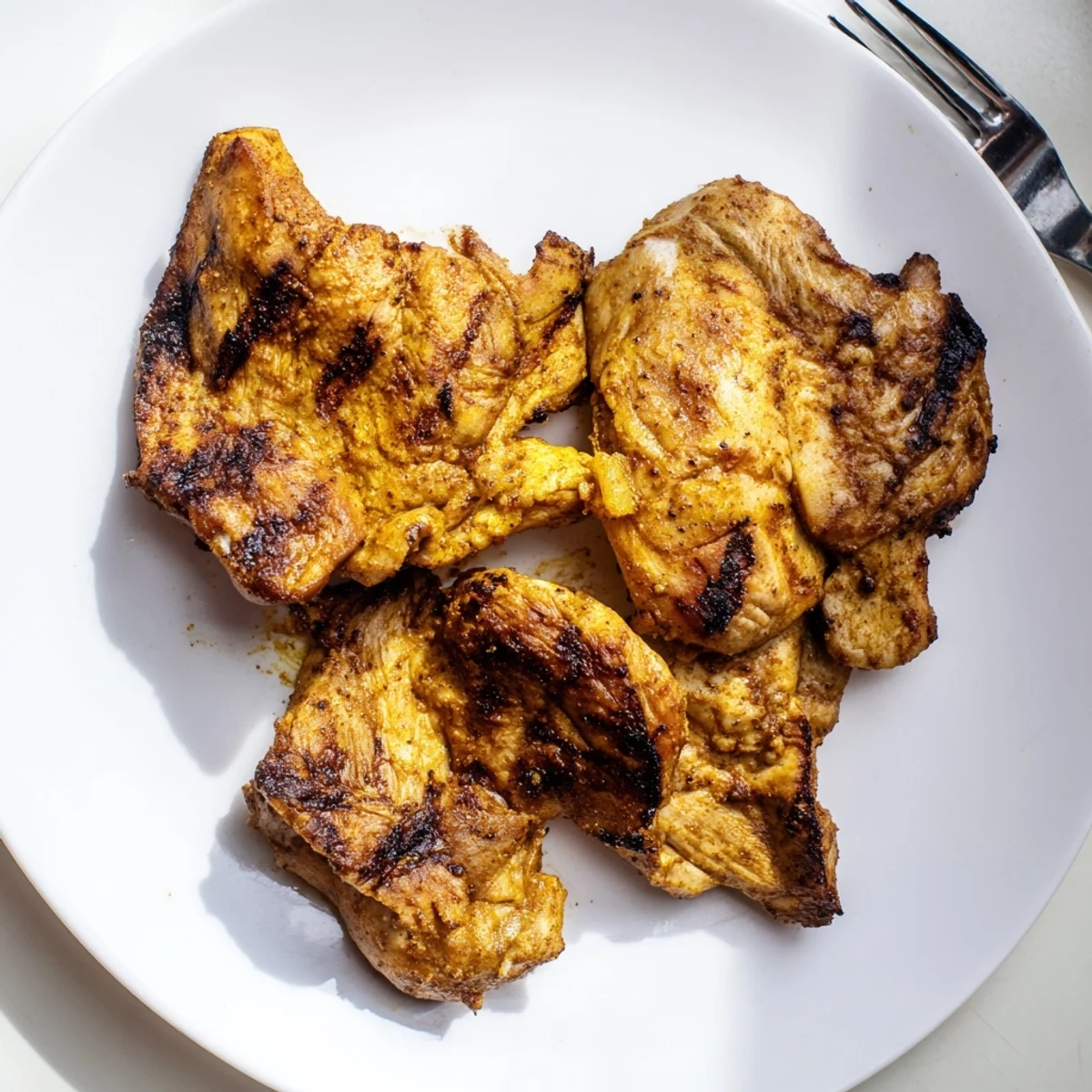 Close up of Cajun Spiced Grilled Chicken Thighs showing a flavorful spice rub and tender juicy interior.
