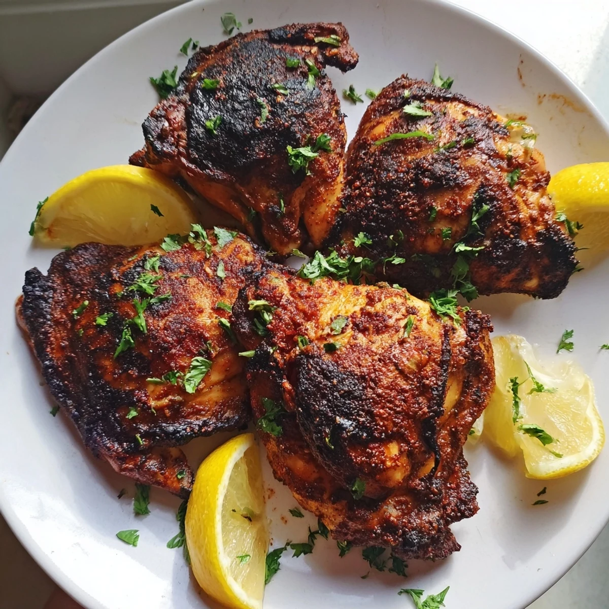 Grilled Cajun Spiced Grilled Chicken Thighs on a platter with lemon wedges and fresh parsley garnish.