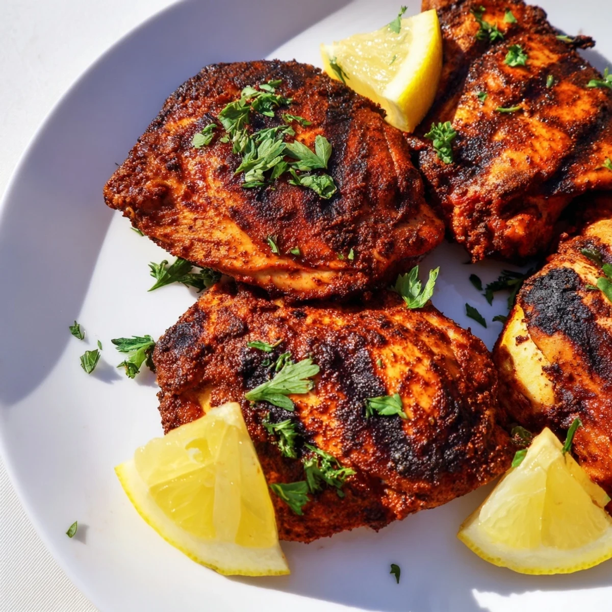 Sizzling Cajun Spiced Grilled Chicken Thighs resting on a wooden board with smoky grill marks visible.
