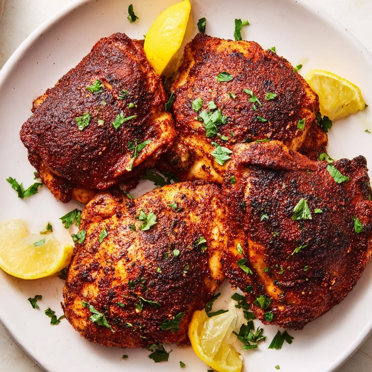 Close-up of Cajun Spiced Grilled Chicken Thighs showing juicy interior and crispy charred Cajun spice crust.