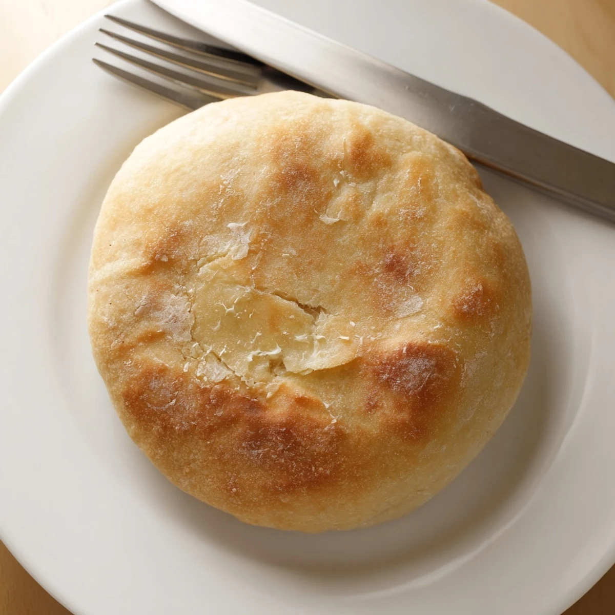 A close-up of four freshly cooked Irish Potato Bread Farls on a plate, next to a knife for spreading more salted butter. 