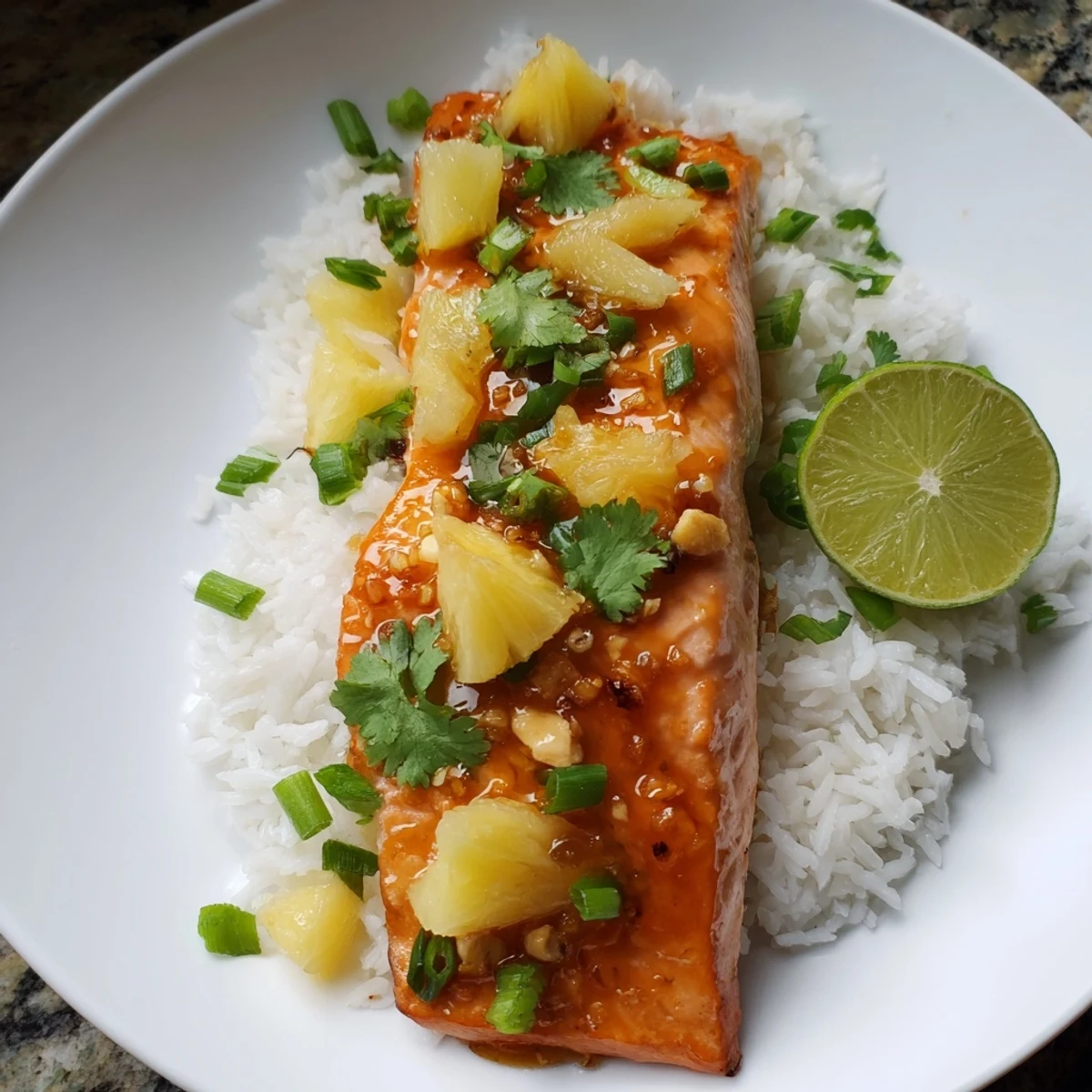 Pineapple Glazed Salmon Fillets with Rice presented on a white plate with lime wedges and fresh cilantro, a vibrant weeknight dinner.