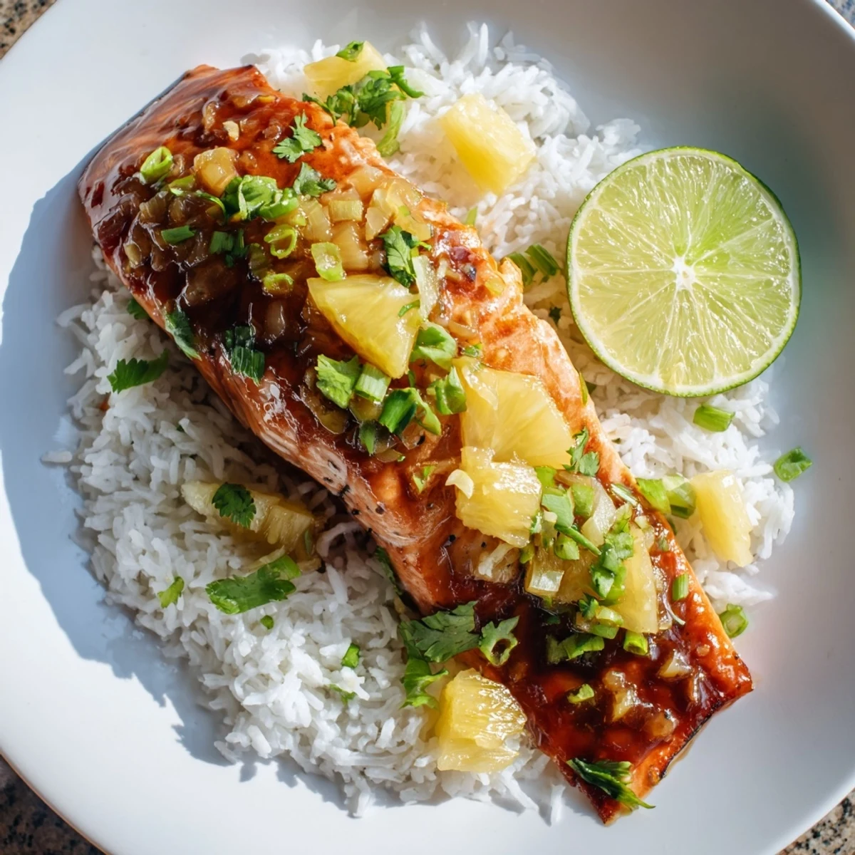 A close-up of Pineapple Glazed Salmon Fillets with Rice, showing glossy orange glaze on flaky fish served over fluffy white jasmine rice.
