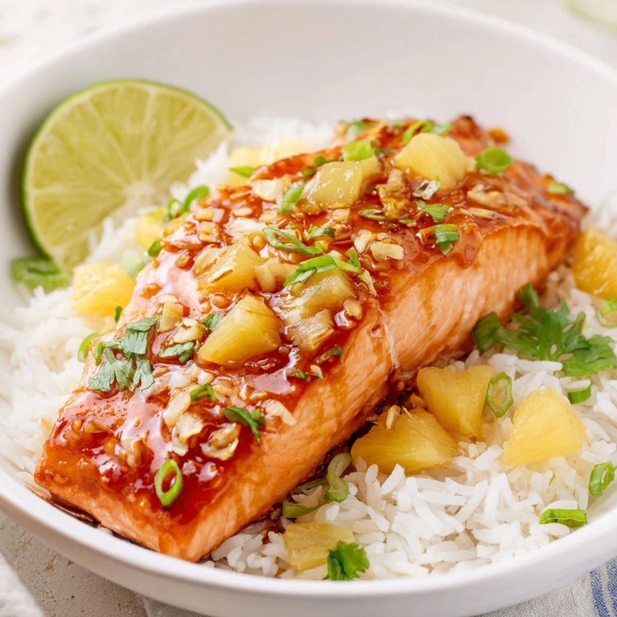 Overhead view of Pineapple Glazed Salmon Fillets with Rice, highlighting caramelized edges of salmon beside steaming jasmine rice and pineapple garnish.