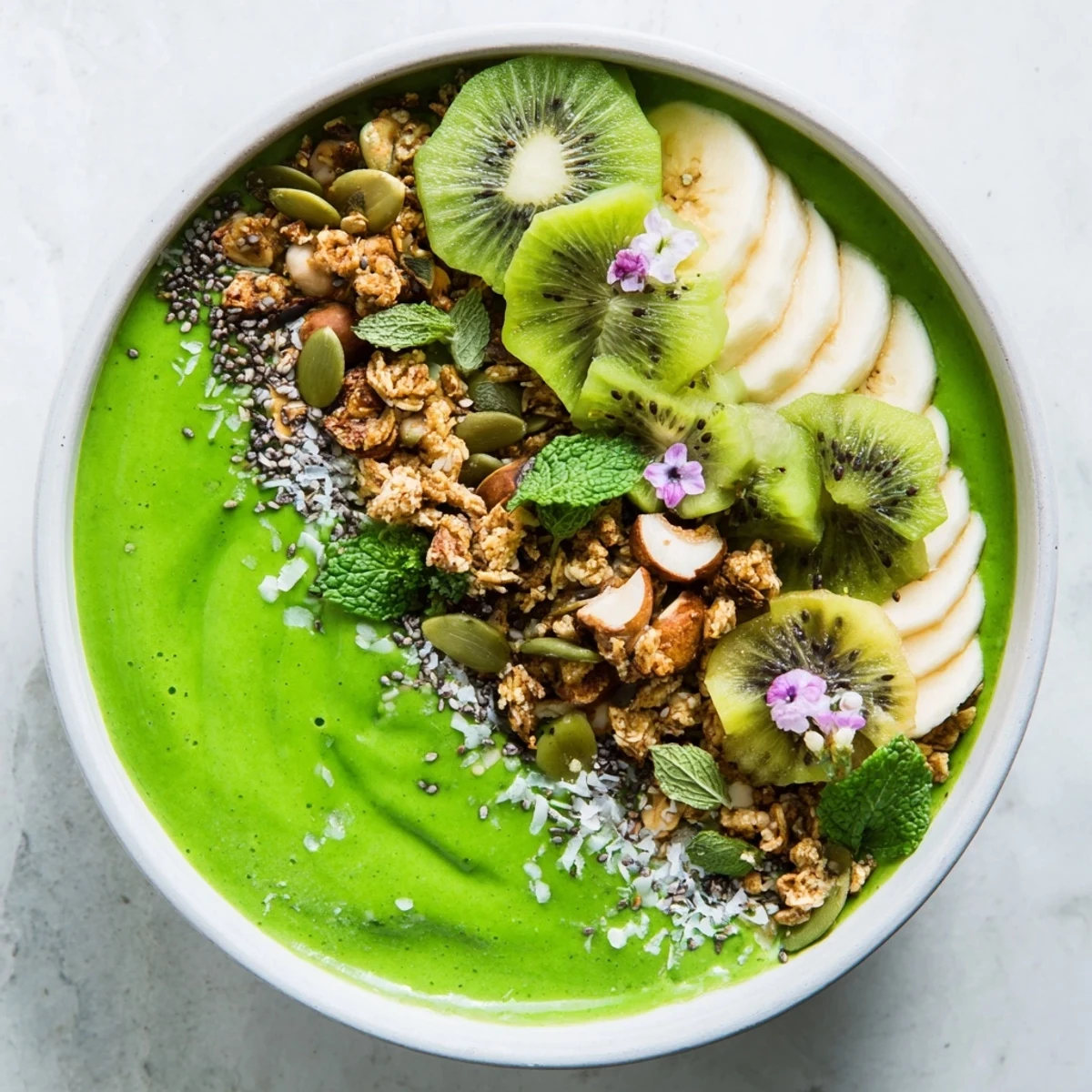 A vibrant Shamrock Green Smoothie Bowl with Toppings is topped with sliced banana, kiwi, and crunchy granola.