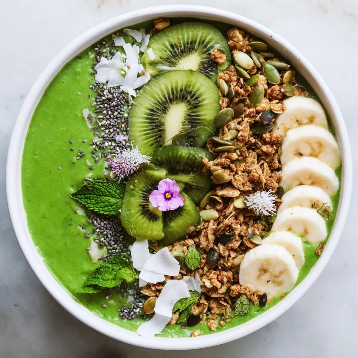 Enjoy this Shamrock Green Smoothie Bowl with Toppings, a creamy green base loaded with seeds and fresh fruit.
