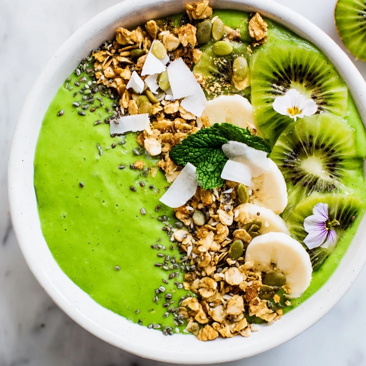 This Shamrock Green Smoothie Bowl with Toppings is served in a white bowl with fresh mint garnish.