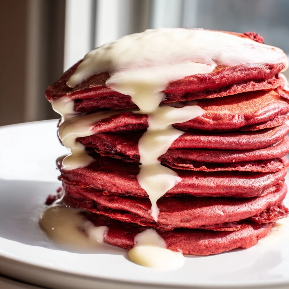 Stack of fluffy Red Velvet Pancakes with cream cheese drizzle, served on a white plate for a cozy breakfast.