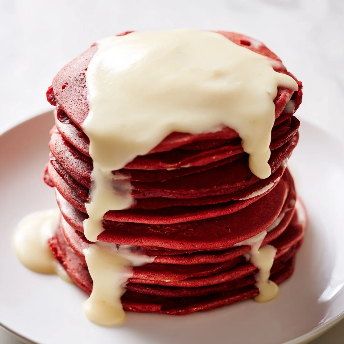 Red Velvet Pancakes with cream cheese drizzle on a rustic wooden table, topped with fresh berries for brunch.