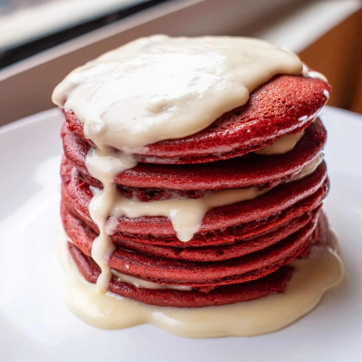 Close-up of Red Velvet Pancakes with cream cheese drizzle showing a rich, velvety texture and vibrant red layers.