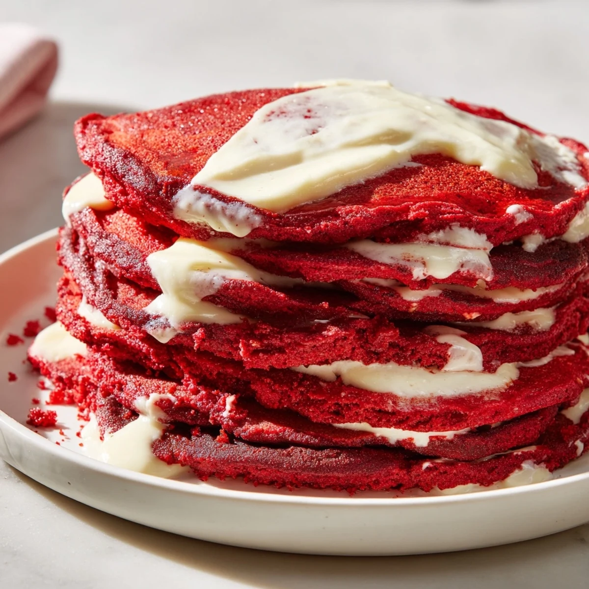 Fluffy Red Velvet Pancakes with Cream Cheese Drizzle stacked high on a white plate, drizzled sweetly.