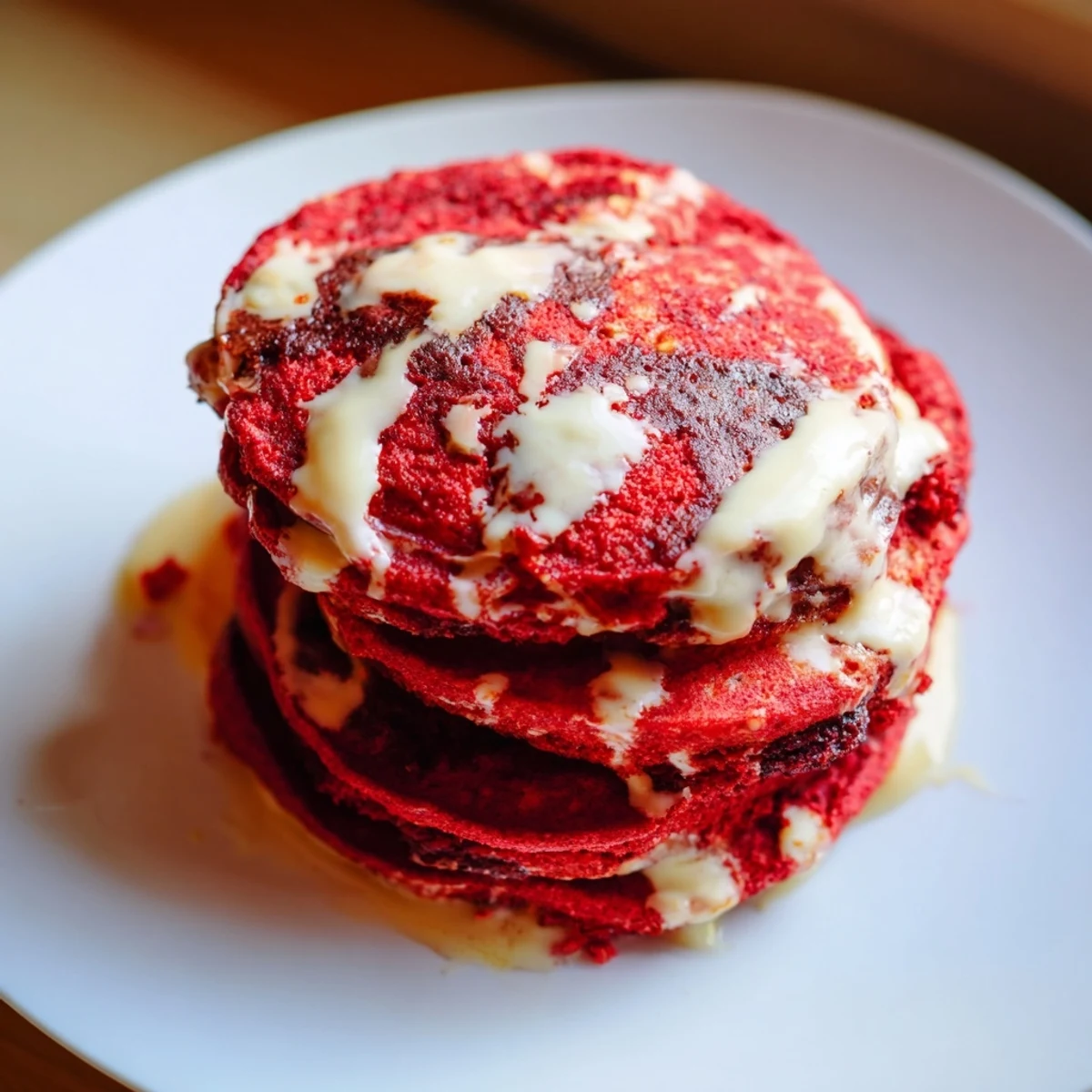 A close-up of Red Velvet Pancakes with Cream Cheese Drizzle, vibrant red and topped with luscious glaze.